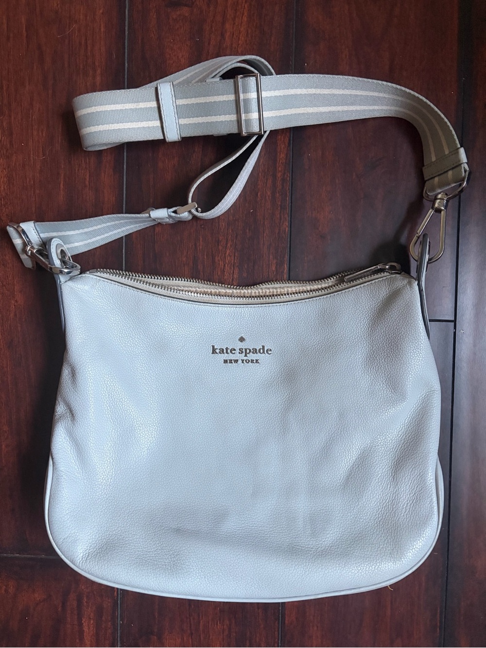 kate spade Light Gray Pebbled Leather Crossbody with Striped Strap